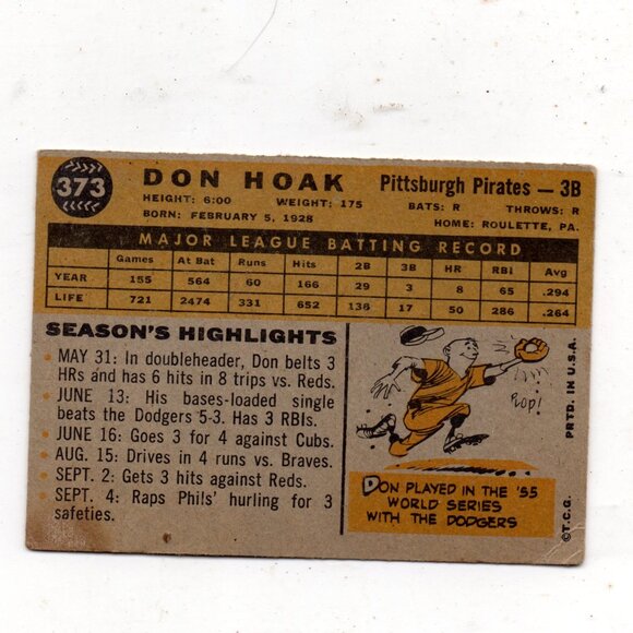 1960 Topps Don Hoak #373 Pittsburg Pirates - Picture 2 of 2